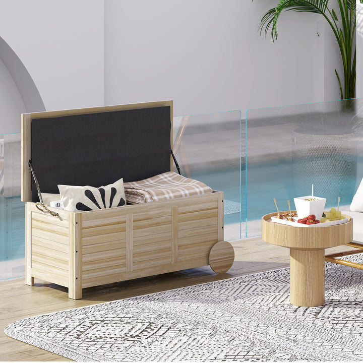 Baú de Arrumação Exterior 185L Baú de Jardim de Madeira Impermeável com Tampa Amovível 2 Rodas Cordas de Linho Dobradiças Metálicas e Forro Interno 110x50x50 cm Madeira