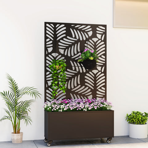 Floreira Exterior Grande de Metal com Roda Floreira com Painel de Privacidade com Folhas de Monstera Floreira com Suporte para Trepadeiras Pátio Terraço 90x30x160 cm, Preto