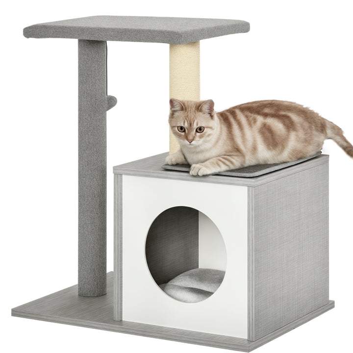 Árvore para gatos de 3 níveis com plataformas postes para arranhar caverna espaçosa almofadas removíveis 59x39x62 cinza