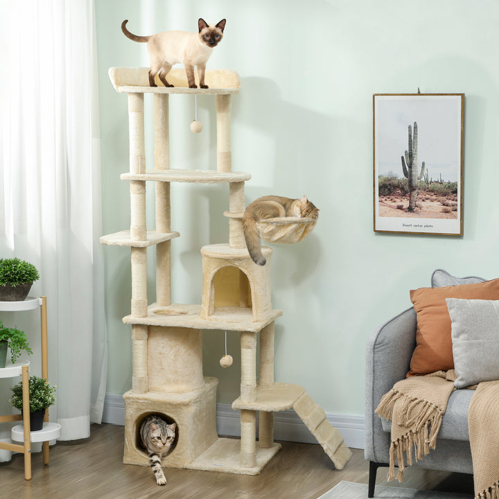 Arranhador para Gatos Grande Altura 170 cm Torre de Escalada com 7 Postes 1 Túnel 3 Plataformas 2 Cavernas 1 Rede 1 Poleiro 1 Rampa Pompons Bege