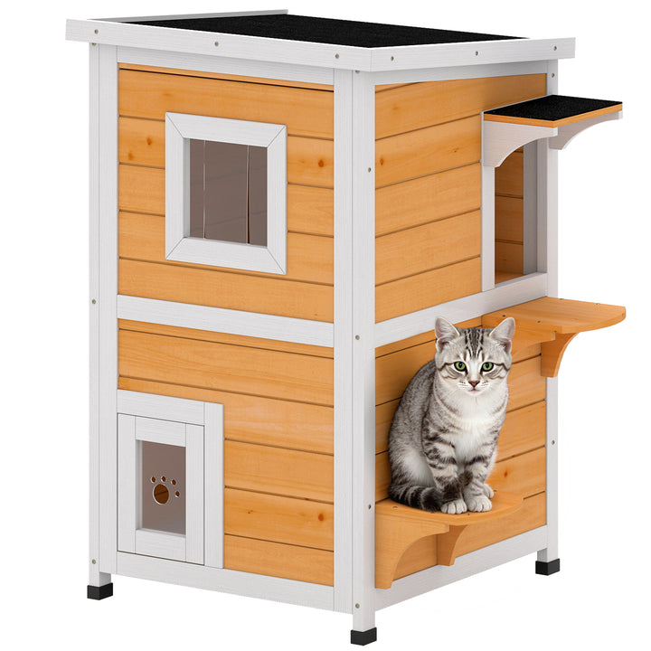 Casa para Gatos Exterior em Madeira 2 Níveis com Telhado Basculante Painel Central Removível Janelas Portas para Terraço Varanda Jardim 51x51x81,3 cm Madeira
