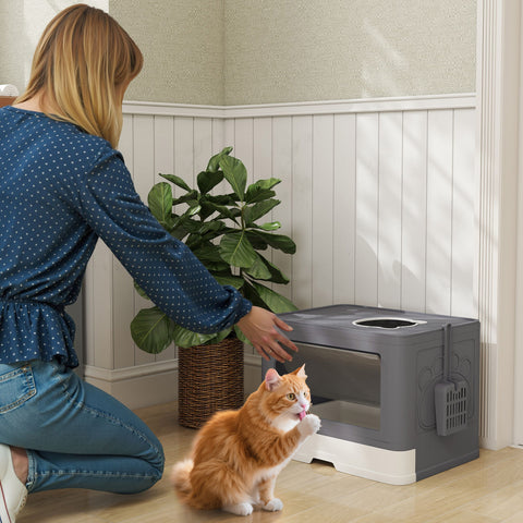Caixa de Areia para Gatos com Saída Superior Caixa de Areia para Gatos Amovível com Caixa de Armazenamento Pá Escova 2 Portas Entrada Principal e Saída Superior 48,5x38x36,5 cm Cinza