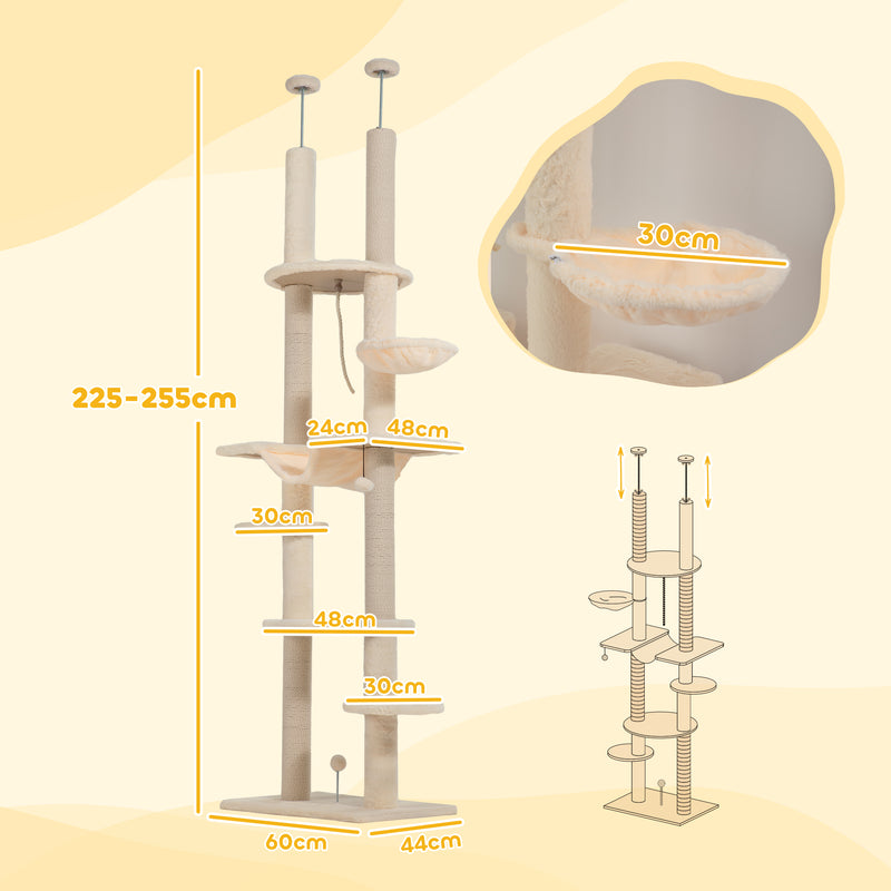 Arranhador para Gatos do Chão ao Teto 225-255 cm Arranhador para Gatos com 7 Níveis Rede Plataformas Postes de Arranhar Bola Suspensa Bege e Cinza