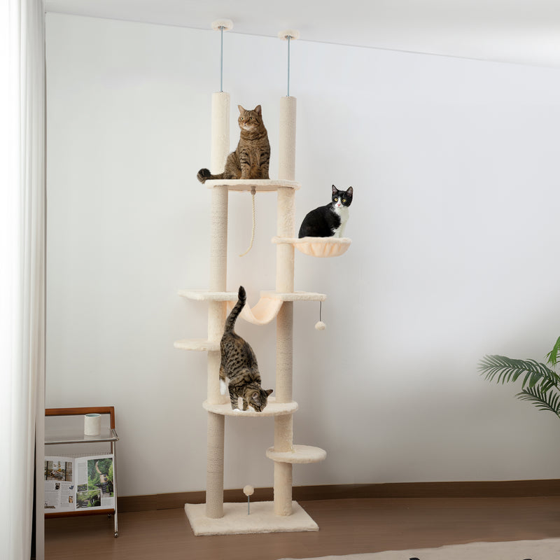 Arranhador para Gatos do Chão ao Teto 225-255 cm Arranhador para Gatos com 7 Níveis Rede Plataformas Postes de Arranhar Bola Suspensa Bege e Cinza