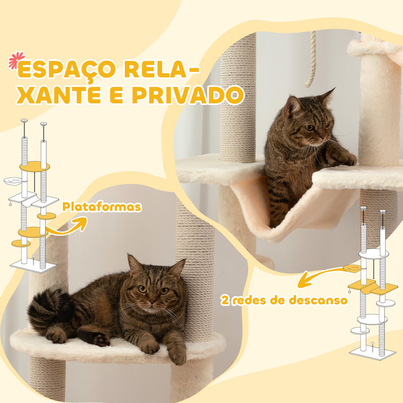 Arranhador para Gatos do Chão ao Teto 225-255 cm Arranhador para Gatos com 7 Níveis Rede Plataformas Postes de Arranhar Bola Suspensa Bege e Cinza