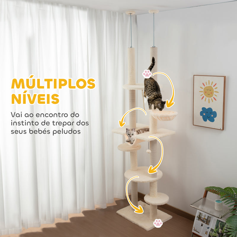 Arranhador para Gatos do Chão ao Teto 225-255 cm Arranhador para Gatos com 7 Níveis Rede Plataformas Postes de Arranhar Bola Suspensa Bege e Cinza