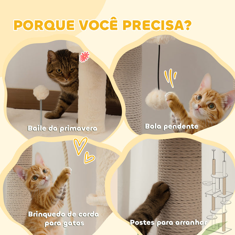 Arranhador para Gatos do Chão ao Teto 225-255 cm Arranhador para Gatos com 7 Níveis Rede Plataformas Postes de Arranhar Bola Suspensa Bege e Cinza