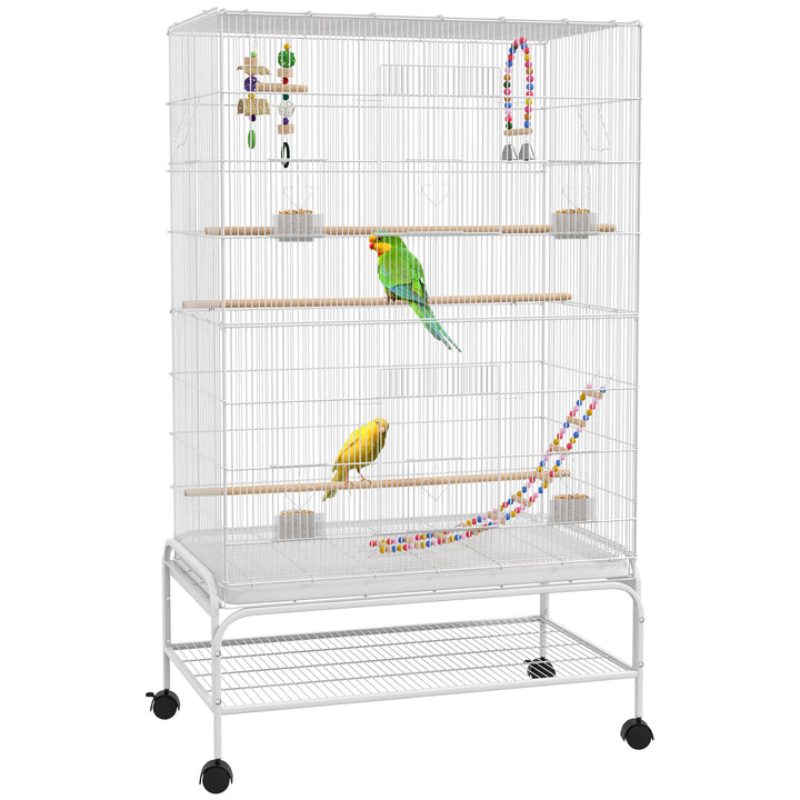 Gaiola para Pássaros com Rodas 79x49x133 cm Gaiola Metálica Grande com Suporte 4 Comedouros 3 Poleiros Brinquedos Bandeja Amovível e Prateleira para Canários Periquitos Branco