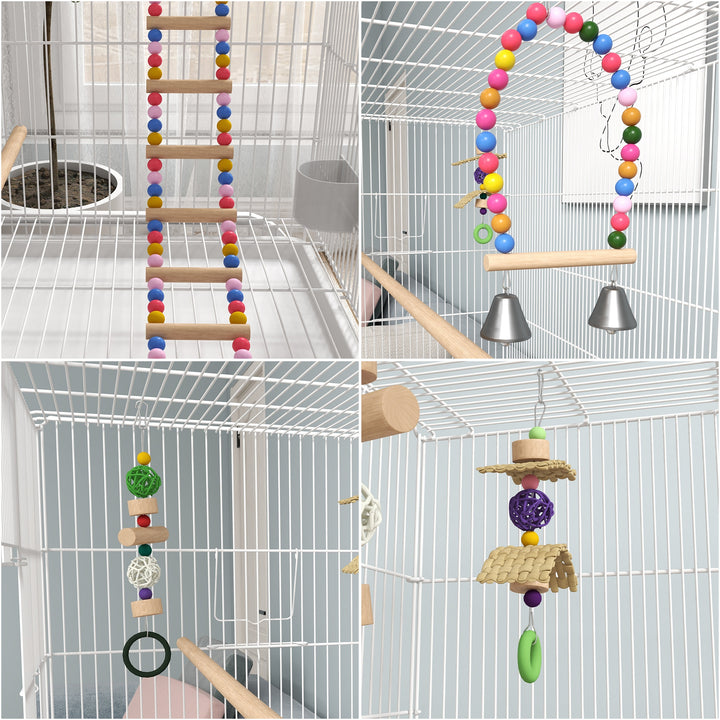 Gaiola para Pássaros com Rodas 79x49x133 cm Gaiola Metálica Grande com Suporte 4 Comedouros 3 Poleiros Brinquedos Bandeja Amovível e Prateleira para Canários Periquitos Branco