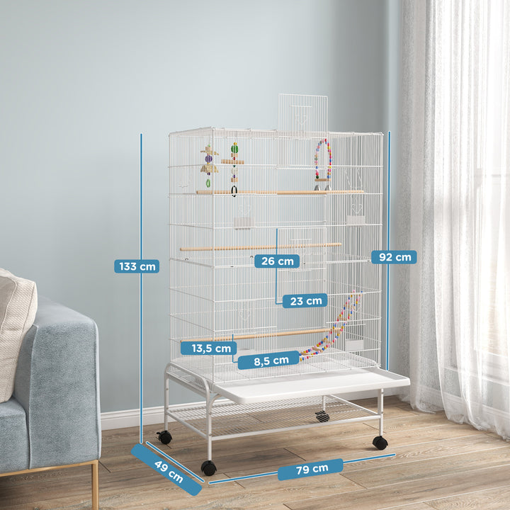 Gaiola para Pássaros com Rodas 79x49x133 cm Gaiola Metálica Grande com Suporte 4 Comedouros 3 Poleiros Brinquedos Bandeja Amovível e Prateleira para Canários Periquitos Branco