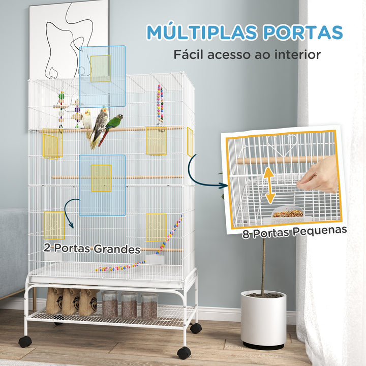 Gaiola para Pássaros com Rodas 79x49x133 cm Gaiola Metálica Grande com Suporte 4 Comedouros 3 Poleiros Brinquedos Bandeja Amovível e Prateleira para Canários Periquitos Branco