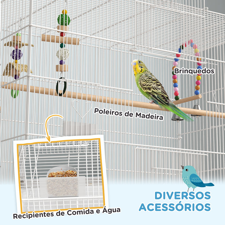 Gaiola para Pássaros com Rodas 79x49x133 cm Gaiola Metálica Grande com Suporte 4 Comedouros 3 Poleiros Brinquedos Bandeja Amovível e Prateleira para Canários Periquitos Branco