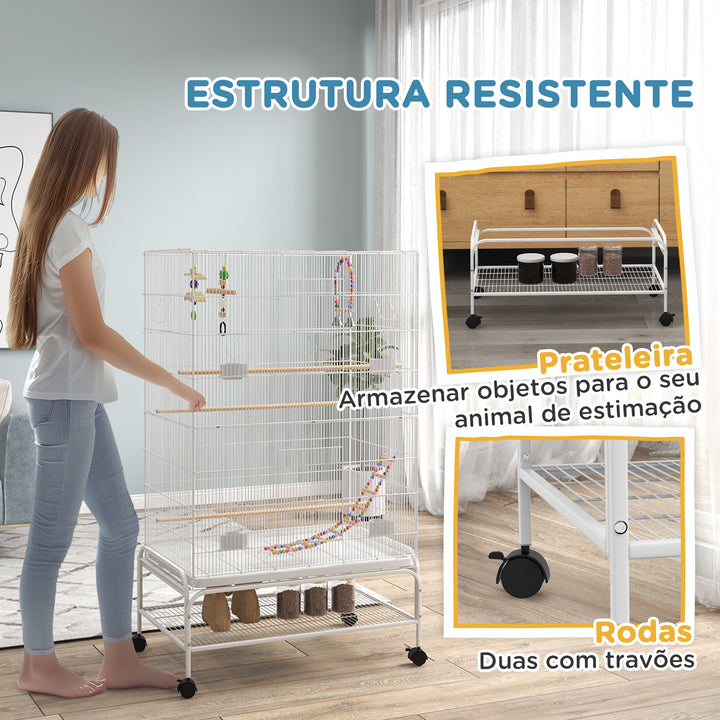 Gaiola para Pássaros com Rodas 79x49x133 cm Gaiola Metálica Grande com Suporte 4 Comedouros 3 Poleiros Brinquedos Bandeja Amovível e Prateleira para Canários Periquitos Branco