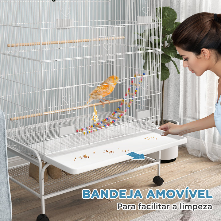 Gaiola para Pássaros com Rodas 79x49x133 cm Gaiola Metálica Grande com Suporte 4 Comedouros 3 Poleiros Brinquedos Bandeja Amovível e Prateleira para Canários Periquitos Branco