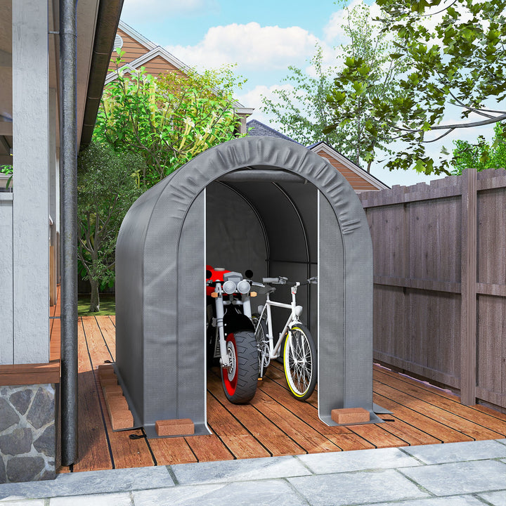 Tenda de Jardim Exterior para Ferramentas Bicicletas 2,4x1,6x1,9 m Abrigo Exterior com Estrutura em Aço Porta Enrolável com Fecho Impermeável Garagem Portátil Cinzento Claro