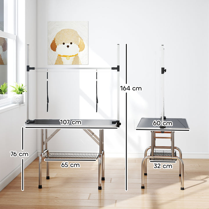 Mesa de Tosquia para Animais de Estimação Mesa de Tosquia para Cães Dobrável com Prateleira de Armazenamento Estrutura de Aço e Altura Ajustável 20-80 cm 107x60x170 cm Preto
