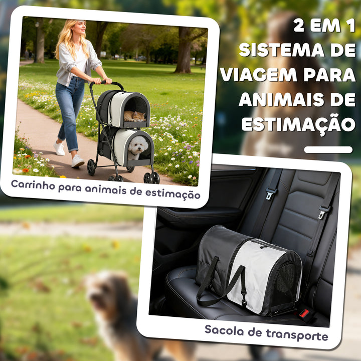 Carrinho Duplo para Cães e Gatos Dobrável com 2 Transportadoras Removíveis Cinto de Segurança Bolsos Laterais e 2 Almofadas Cada Compartimento Suporta 10 kg 66x50x98 cm Cinzento Escuro