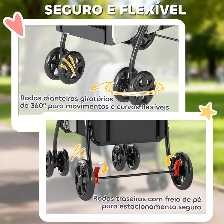 Carrinho Duplo para Cães e Gatos Dobrável com 2 Transportadoras Removíveis Cinto de Segurança Bolsos Laterais e 2 Almofadas Cada Compartimento Suporta 10 kg 66x50x98 cm Cinzento Escuro