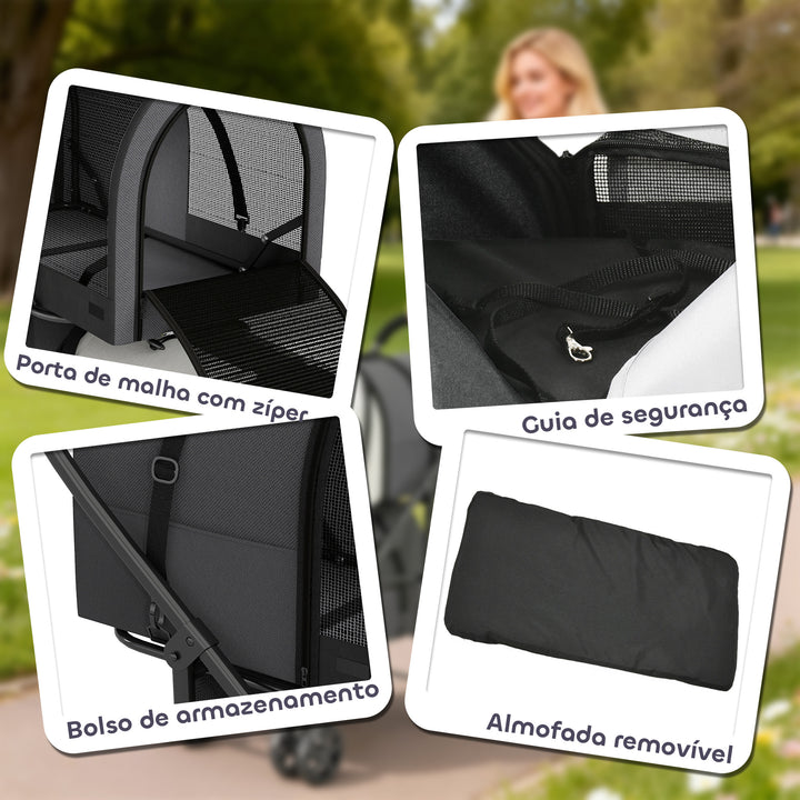 Carrinho Duplo para Cães e Gatos Dobrável com 2 Transportadoras Removíveis Cinto de Segurança Bolsos Laterais e 2 Almofadas Cada Compartimento Suporta 10 kg 66x50x98 cm Cinzento Escuro