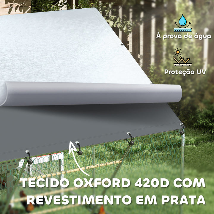 Galinheiro para Exterior 3x2 m Galinheiro de Aço Galvanizado com Comedouro Suspenso Tipo Espeto Poleiro Cobertura Anti-UV e Impermeável para Coelhos Patos Gansos Prata