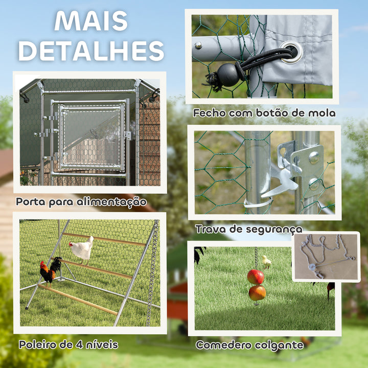 Galinheiro para Exterior 3x2 m Galinheiro de Aço Galvanizado com Comedouro Suspenso Tipo Espeto Poleiro Cobertura Anti-UV e Impermeável para Coelhos Patos Gansos Prata