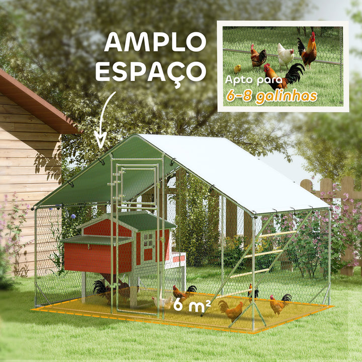 Galinheiro para Exterior 3x2 m Galinheiro de Aço Galvanizado com Comedouro Suspenso Tipo Espeto Poleiro Cobertura Anti-UV e Impermeável para Coelhos Patos Gansos Prata