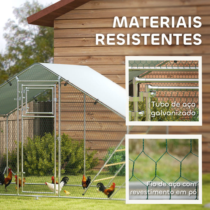 Galinheiro para Exterior 3x2 m Galinheiro de Aço Galvanizado com Comedouro Suspenso Tipo Espeto Poleiro Cobertura Anti-UV e Impermeável para Coelhos Patos Gansos Prata