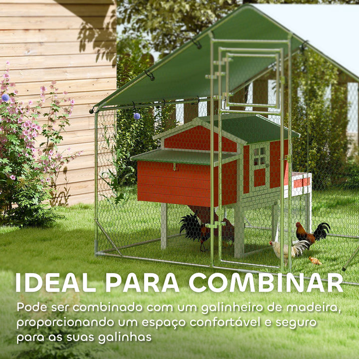 Galinheiro para Exterior 3x2 m Galinheiro de Aço Galvanizado com Comedouro Suspenso Tipo Espeto Poleiro Cobertura Anti-UV e Impermeável para Coelhos Patos Gansos Prata