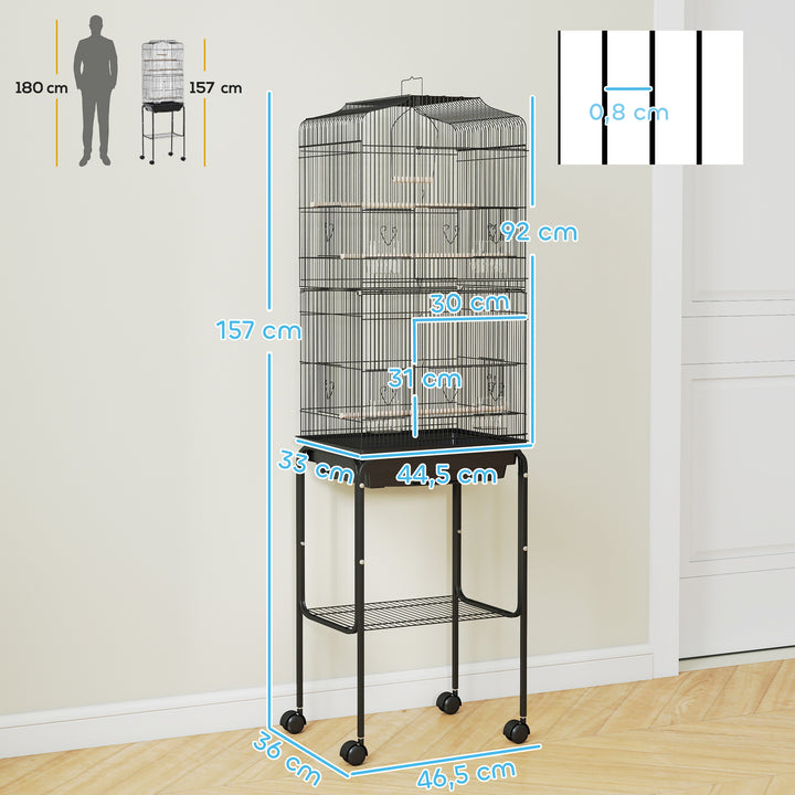 Gaiola para Passáros com Suporte Gaiola Metálica de Aves Canários com 4 Rodas Portas 4 Comedouros 3 Poleiros Bandeja Removível e Prateleira Inferior 46,5x36x157cm Preto