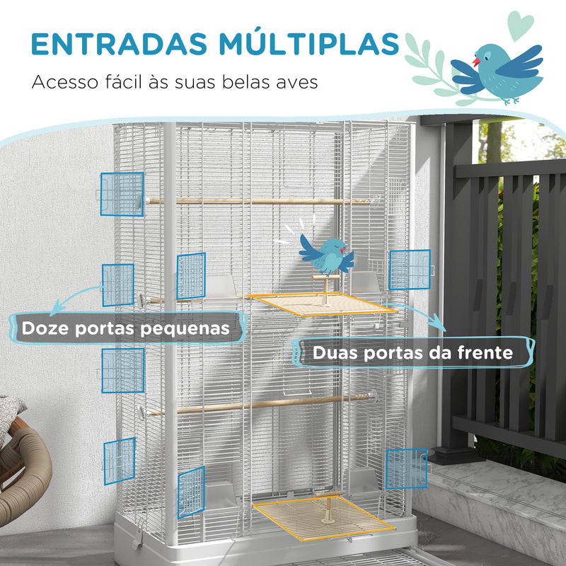 Gaiola para Pássaros 61x36,5x98 cm Gaiola para Aves com Portas Poleiros Bandeja Removível Caixas de Comida e Alças para Canários Periquitos Branco