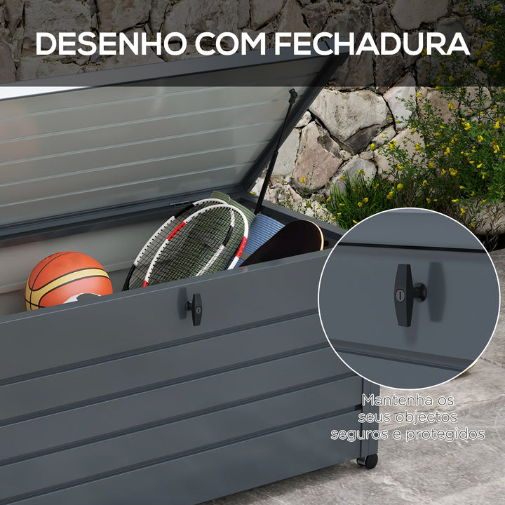 Baú de Exterior 311 L Baú de Armazenamento de Aço Galvanizado com 4 Rodas 2 Pegas e 1 Fechadura com Chave para Jardim Pátio 120x62x66 cm Cinza Escuro