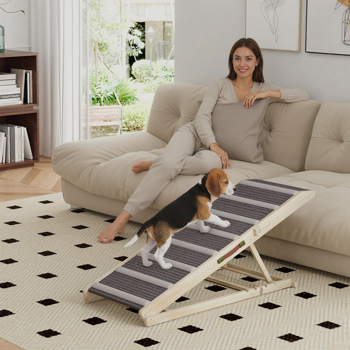 Rampa para Cães Dobrável e com Altura Ajustável 41-60 cm Rampa para Animais de Estimação de Madeira com Tapete Antiderrapante para Cães Pequenos Médios e Grandes 120x50x60 cm Madeira e Cinza