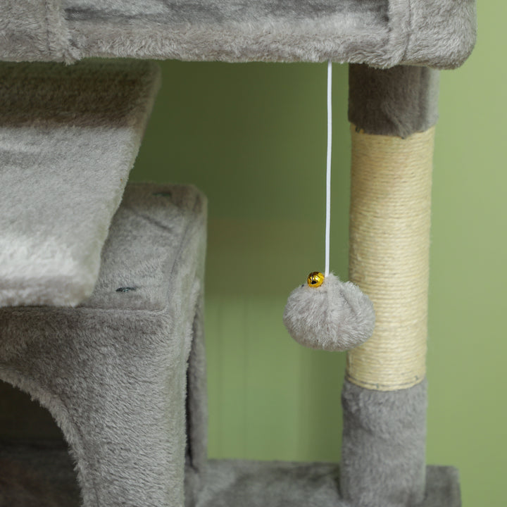 Arranhador para Gatos Altura 138 cm Arranhador para Gatos Torre de Escalada com Postes Arranhadores de Sisal Plataformas Cavernas Bolas Pendentes e Redes Cinza Claro