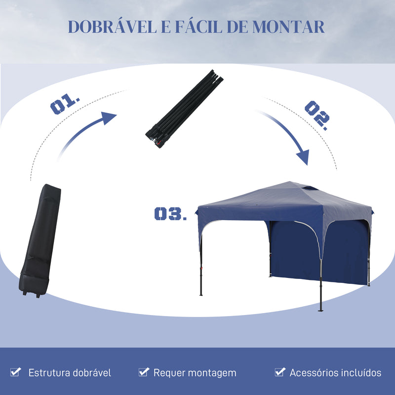 Tenda Dobrável 3x3m com Altura Ajustável Tenda de Jardim com 1 Parede Lateral Teto com Ventilação 4 Sacos de Areia e Bolsa de Transporte para Campismo Festas Azul