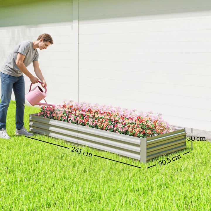 Floreira Exterior Grande Retangular em Aço Galvanizado Horta Urbana para Cultivo de Plantas Vaso de Grande Dimensão com Fundo Aberto, Resistente às Intempéries 241x90,5x30 cm Prata
