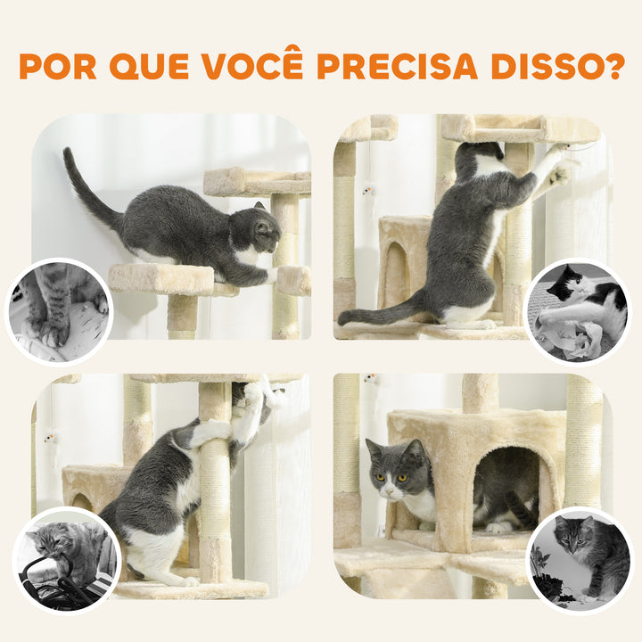Arranhador para Gatos Arranhador de Gatos 153 cm com 2 Cavernas 3 Camas 2 Rampas Postes de Sisal e 2 Ratos Pendentes Bege