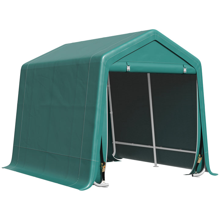 Abrigo de Exterior para Ferramentas Bicicleta 2,4x2x2,02 m Abrigo de Armazenamento com 2 Portas com Fecho de Correr Impermeável Anti-UV para Jardim Verde