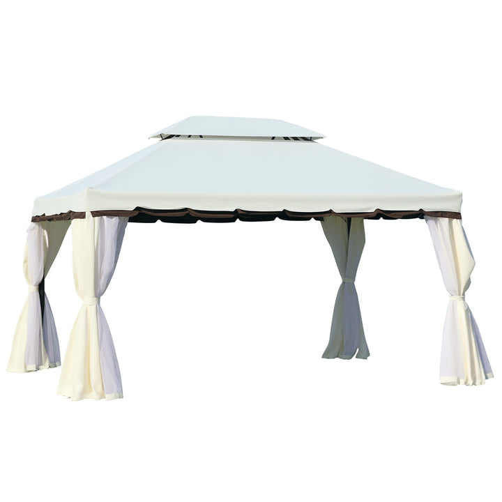 Pérgola de Jardim 390x290 cm Pérgola de Alumínio com Teto de Ventilação 4 Cortinas Laterais Tela Mosquiteira e 8 Orifícios de Drenagem para Exterior Pátio Festas