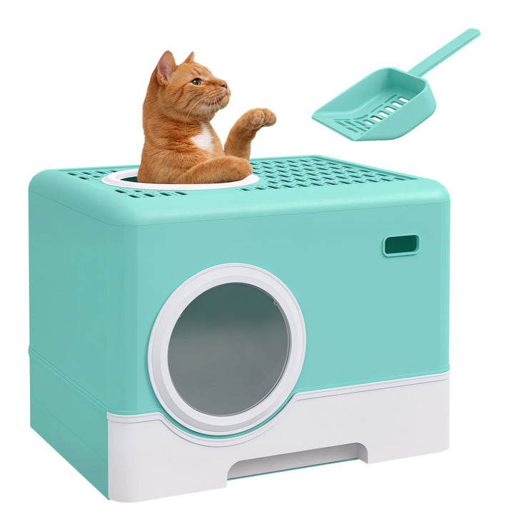 Caixa de Areia para Gatos Sanita para Animais de Estimação com Pá Bandeja Removível 2 Portas Entrada Frontal e Saída Superior 52x41x38,5 cm Verde