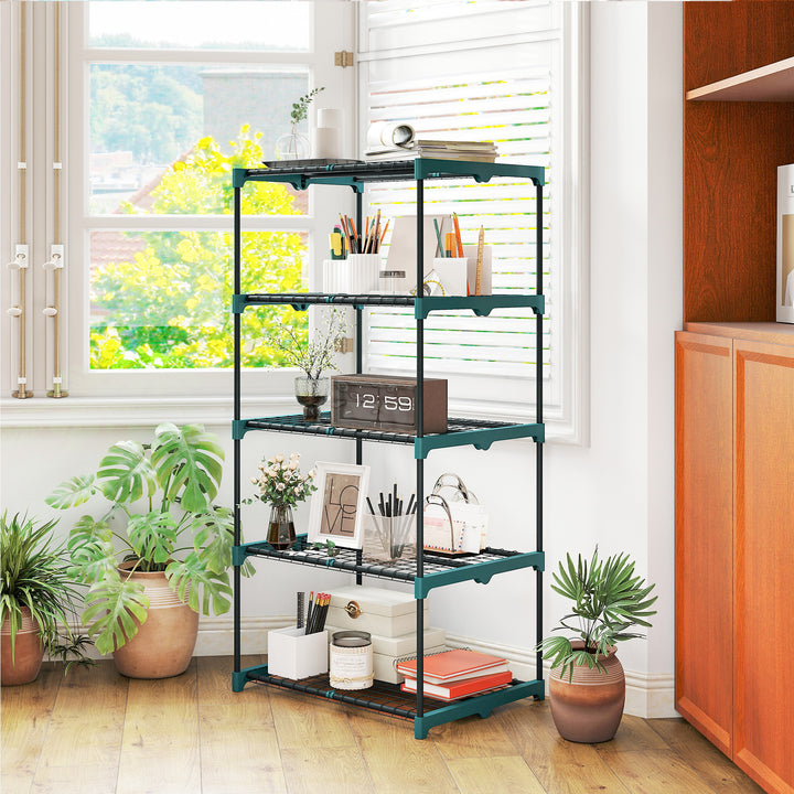 Suporte para Plantas de 5 Níveis Estante de Aço com Prateleiras de Rede Interior e Exterior, 67x49x138 cm Verde Escuro