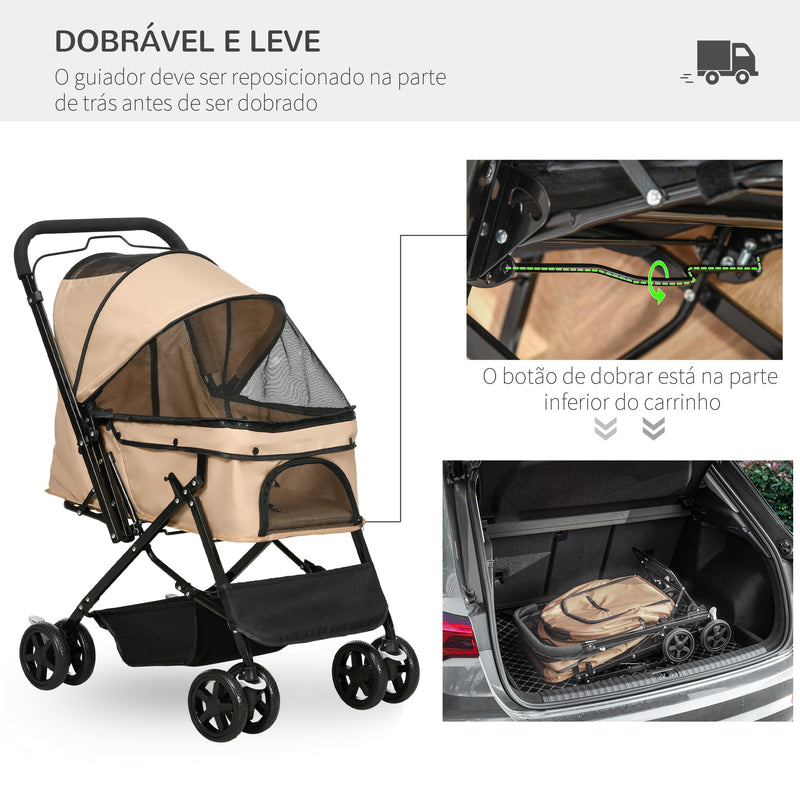 Carrinho para Animais de Estimação Dobrável Carro para Cães e Gatos com Capô Ajustável Cesta de Armazenamento Cinto de Segurança Tecido Oxford 600D Aço 76,5x52x95 cm Marrom Claro