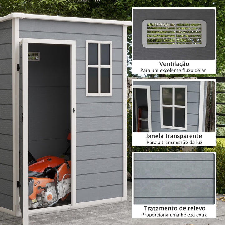 Abrigo de Jardim 1,14 m² 151x92x193 cm Abrigo de Exterior Metálico com Chão Porta de Correr Janela e Teto Inclinado para Armazenamento de Ferramentas Cinzento