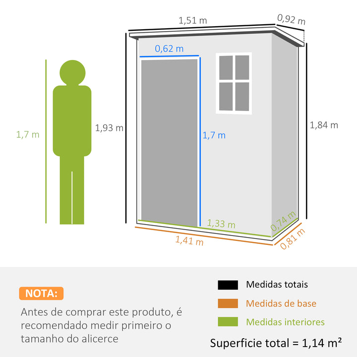 Abrigo de Jardim 1,14 m² 151x92x193 cm Abrigo de Exterior Metálico com Chão Porta de Correr Janela e Teto Inclinado para Armazenamento de Ferramentas Cinzento