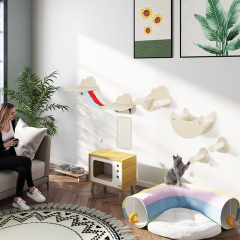 Conjunto de Prateleiras de Escalada para Gatos de 6 Peças Tema Céu Prateleiras para Gatos com Redes Plataformas Escadas Tábua de Arranhar Poste de Sisal e Estrelas de Brinquedo Bege