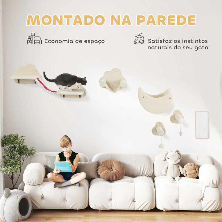Conjunto de Prateleiras de Escalada para Gatos de 6 Peças Tema Céu Prateleiras para Gatos com Redes Plataformas Escadas Tábua de Arranhar Poste de Sisal e Estrelas de Brinquedo Bege