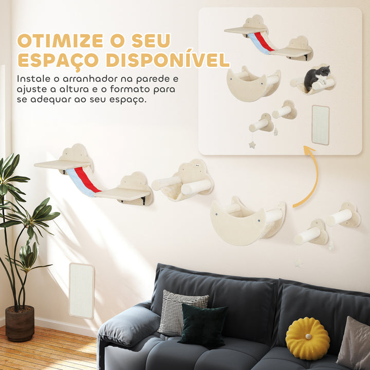 Conjunto de Prateleiras de Escalada para Gatos de 6 Peças Tema Céu Prateleiras para Gatos com Redes Plataformas Escadas Tábua de Arranhar Poste de Sisal e Estrelas de Brinquedo Bege