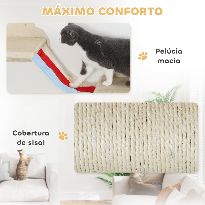 Conjunto de Prateleiras de Escalada para Gatos de 6 Peças Tema Céu Prateleiras para Gatos com Redes Plataformas Escadas Tábua de Arranhar Poste de Sisal e Estrelas de Brinquedo Bege