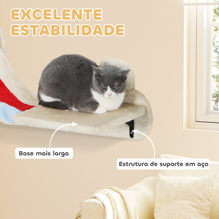 Conjunto de Prateleiras de Escalada para Gatos de 6 Peças Tema Céu Prateleiras para Gatos com Redes Plataformas Escadas Tábua de Arranhar Poste de Sisal e Estrelas de Brinquedo Bege