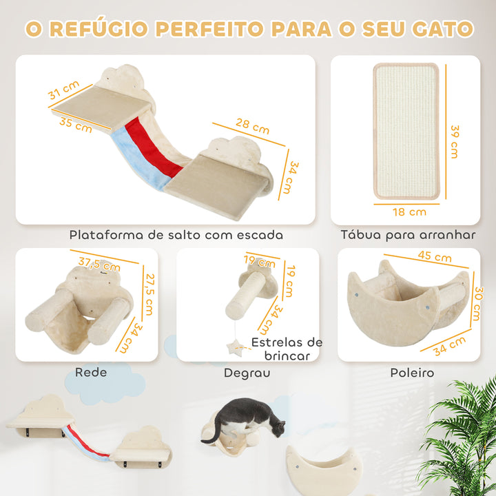 Conjunto de Prateleiras de Escalada para Gatos de 6 Peças Tema Céu Prateleiras para Gatos com Redes Plataformas Escadas Tábua de Arranhar Poste de Sisal e Estrelas de Brinquedo Bege