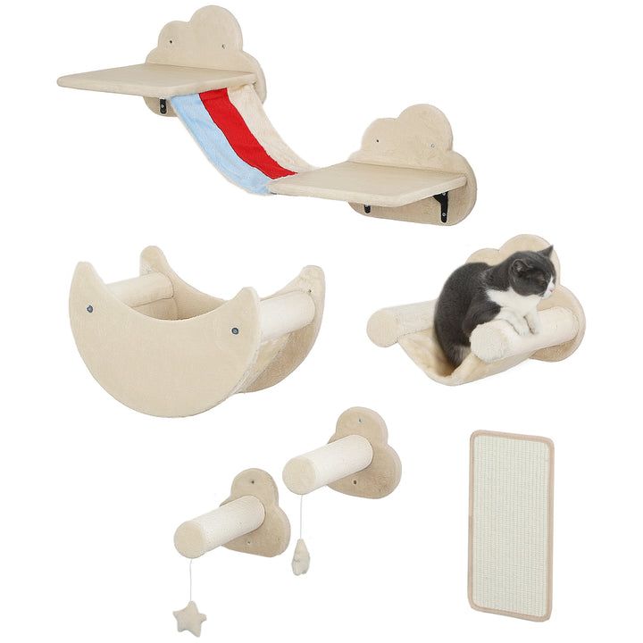 Conjunto de Prateleiras de Escalada para Gatos de 6 Peças Tema Céu Prateleiras para Gatos com Redes Plataformas Escadas Tábua de Arranhar Poste de Sisal e Estrelas de Brinquedo Bege